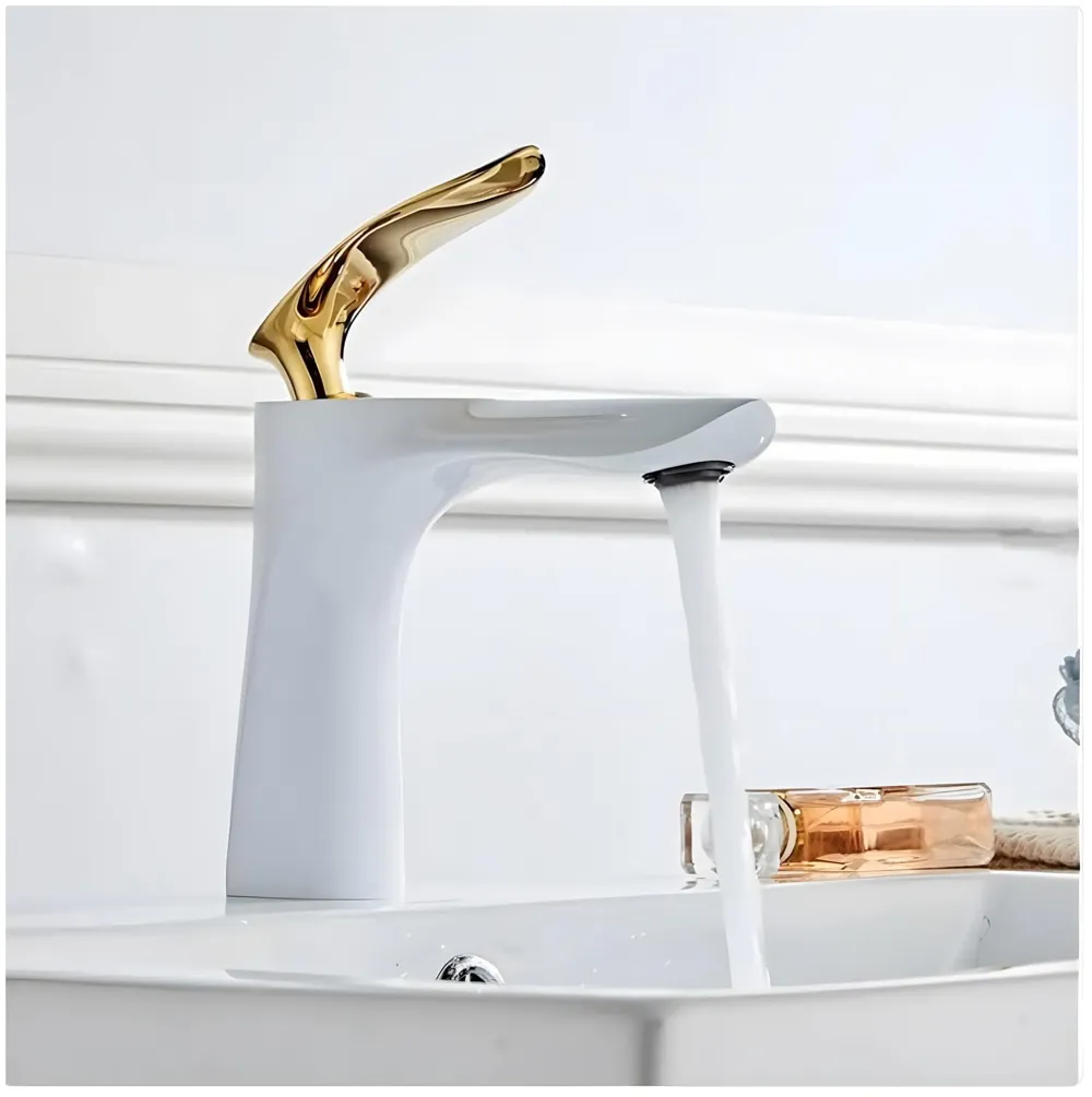 AQUAKART White Gold Faucet Tap Mixer Hot and Cold Water Heavy Single Lever Basin Mixer 7 inches with Connector Pipes and Ceramic Cartridge for Bathroom Wash Basins - 8