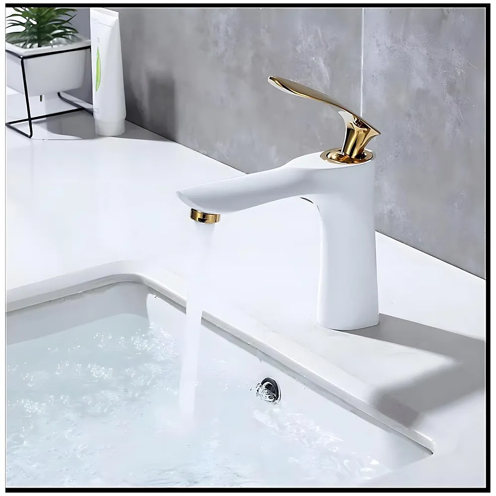 White Gold Faucet Tap Mixer Hot and Cold Water Heavy Single Lever Basin Mixer 7 inches with Connector Pipes and Ceramic Cartridge for Bathroom Wash Basins