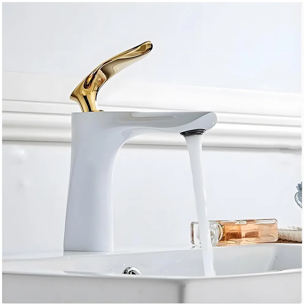 White Gold Faucet Tap Mixer Hot and Cold Water Heavy Single Lever Basin Mixer 7 inches with Connector Pipes and Ceramic Cartridge for Bathroom Wash Basins