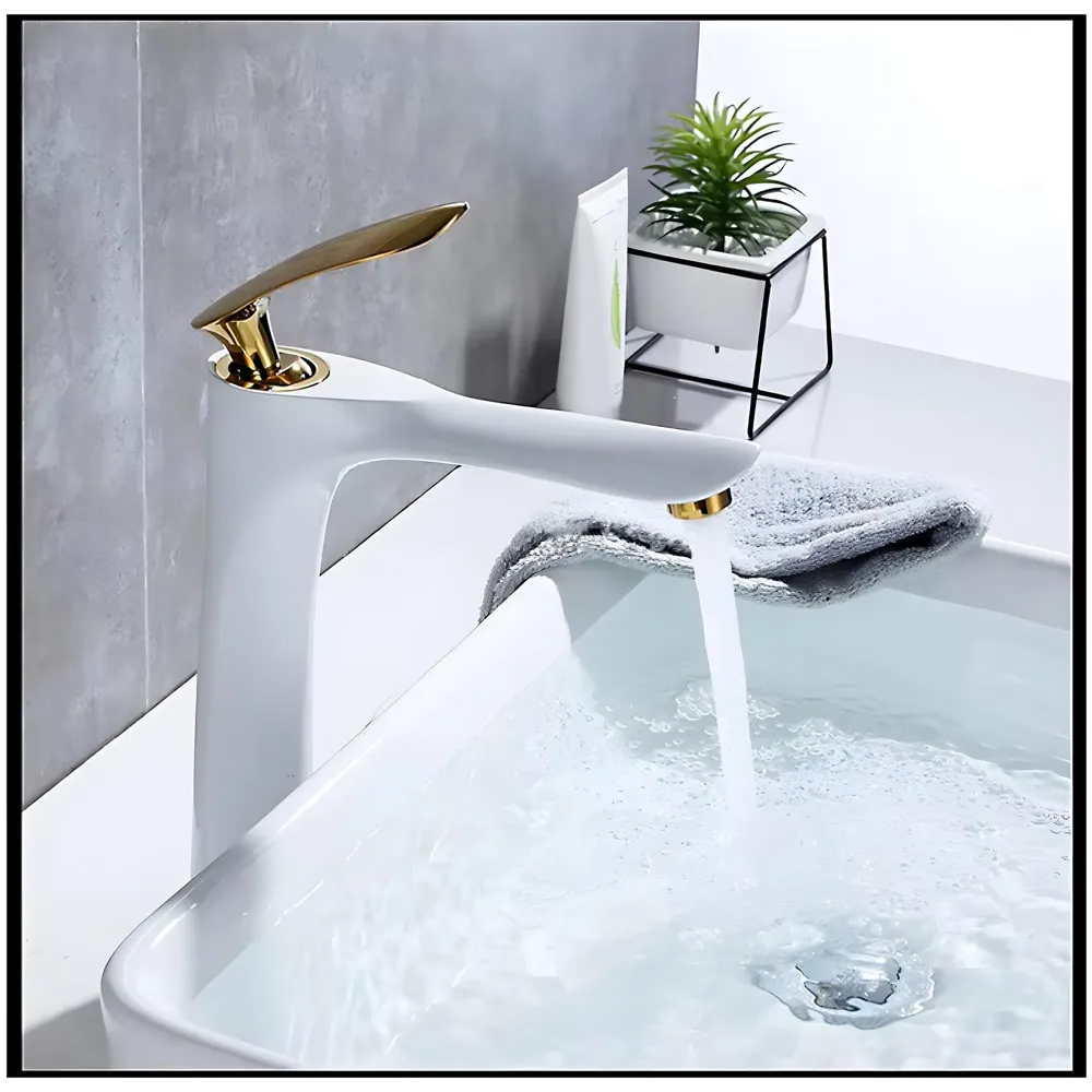 White Gold Faucet Tap Mixer Hot and Cold Water Heavy Single Lever Basin Mixer 12 inches with Connector Pipes and Ceramic Cartridge for Bathroom Wash Basins