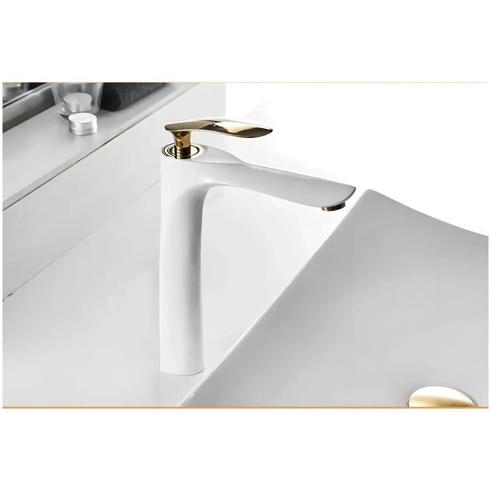 White Gold Faucet Tap Mixer Hot and Cold Water Heavy Single Lever Basin Mixer 12 inches with Connector Pipes and Ceramic Cartridge for Bathroom Wash Basins