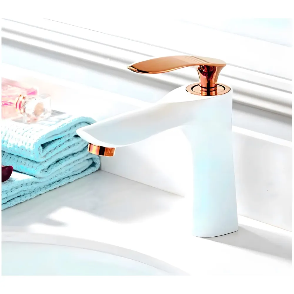 White Rose Gold Faucet Tap Mixer Hot and Cold Water Heavy Single Lever Basin Mixer 7 inches with Connector Pipes and Ceramic Cartridge for Bathroom Wash Basins