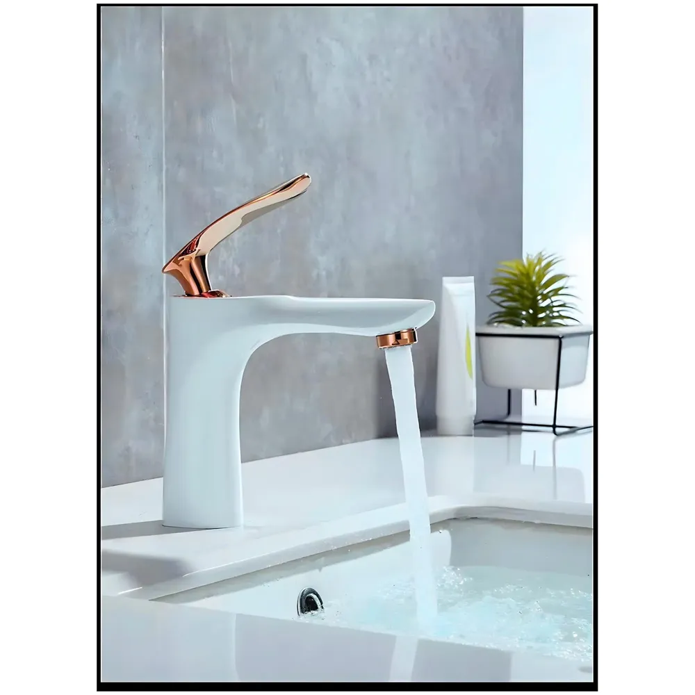 White Rose Gold Faucet Tap Mixer Hot and Cold Water Heavy Single Lever Basin Mixer 7 inches with Connector Pipes and Ceramic Cartridge for Bathroom Wash Basins