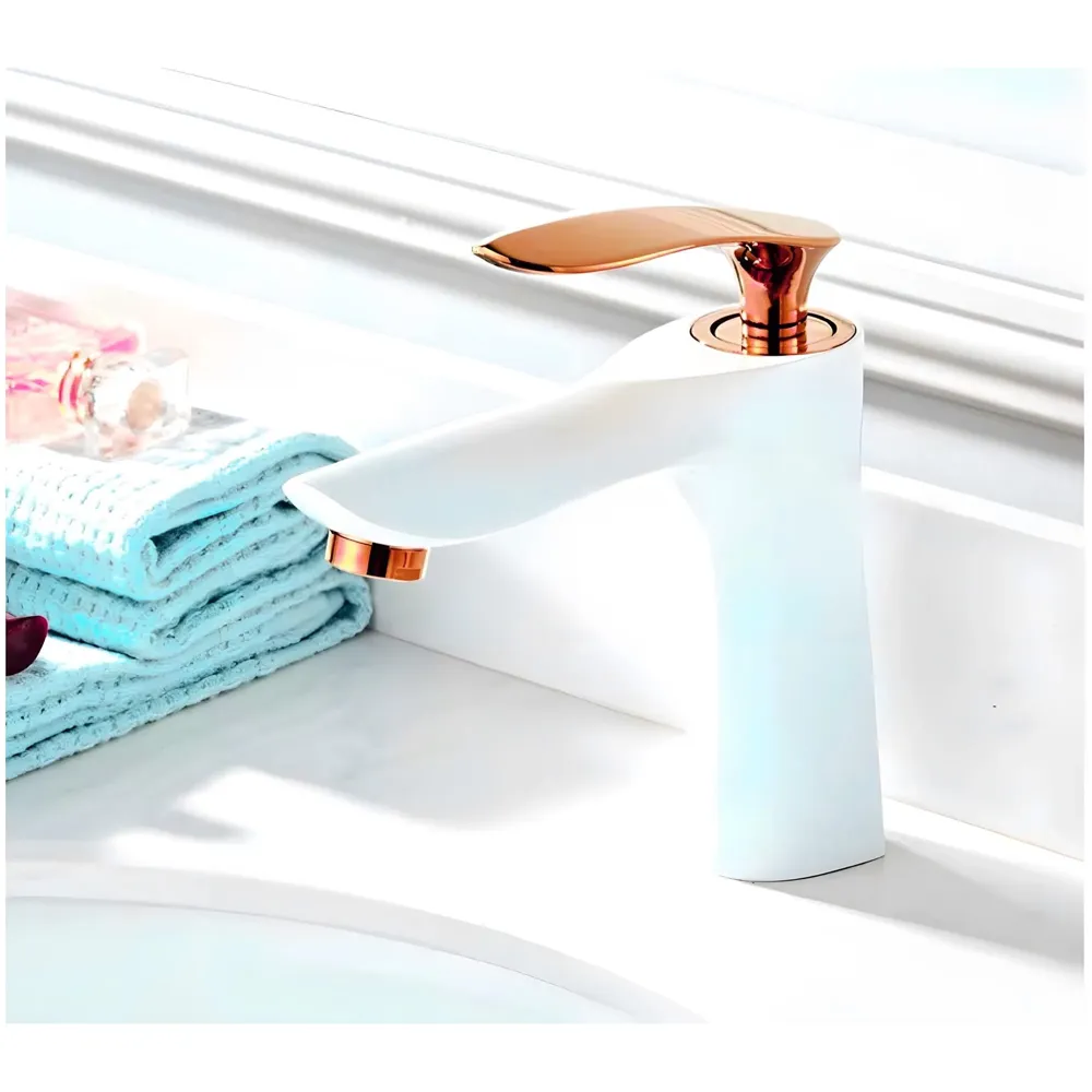 White Rose Gold Faucet Tap Mixer Hot and Cold Water Heavy Single Lever Basin Mixer 7 inches with Connector Pipes and Ceramic Cartridge for Bathroom Wash Basins