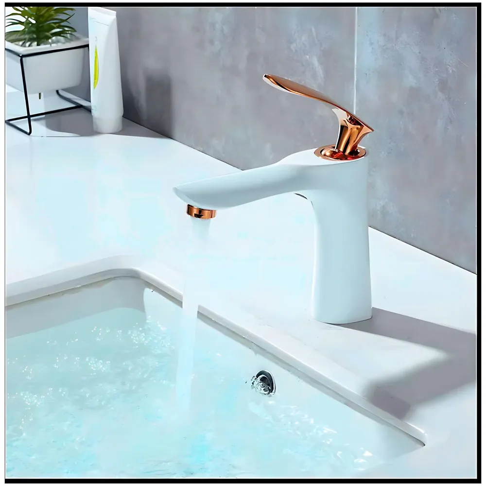 White Rose Gold Faucet Tap Mixer Hot and Cold Water Heavy Single Lever Basin Mixer 7 inches with Connector Pipes and Ceramic Cartridge for Bathroom Wash Basins