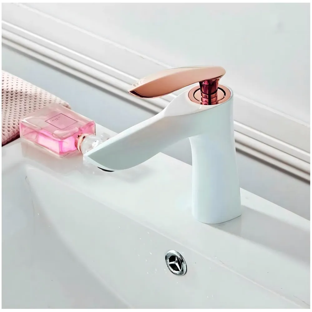 White Rose Gold Faucet Tap Mixer Hot and Cold Water Heavy Single Lever Basin Mixer 7 inches with Connector Pipes and Ceramic Cartridge for Bathroom Wash Basins