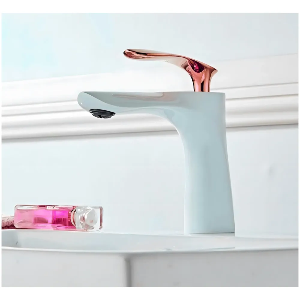 White Rose Gold Faucet Tap Mixer Hot and Cold Water Heavy Single Lever Basin Mixer 7 inches with Connector Pipes and Ceramic Cartridge for Bathroom Wash Basins