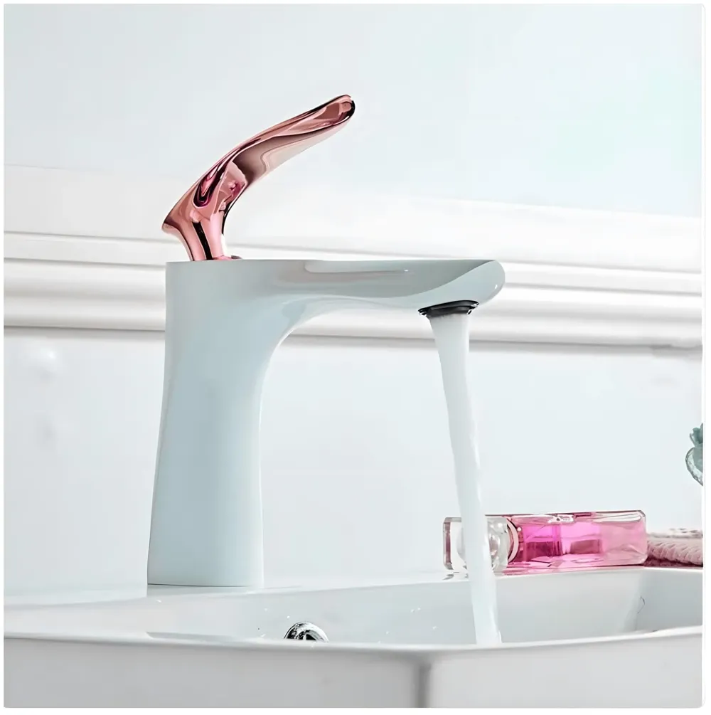 White Rose Gold Faucet Tap Mixer Hot and Cold Water Heavy Single Lever Basin Mixer 7 inches with Connector Pipes and Ceramic Cartridge for Bathroom Wash Basins