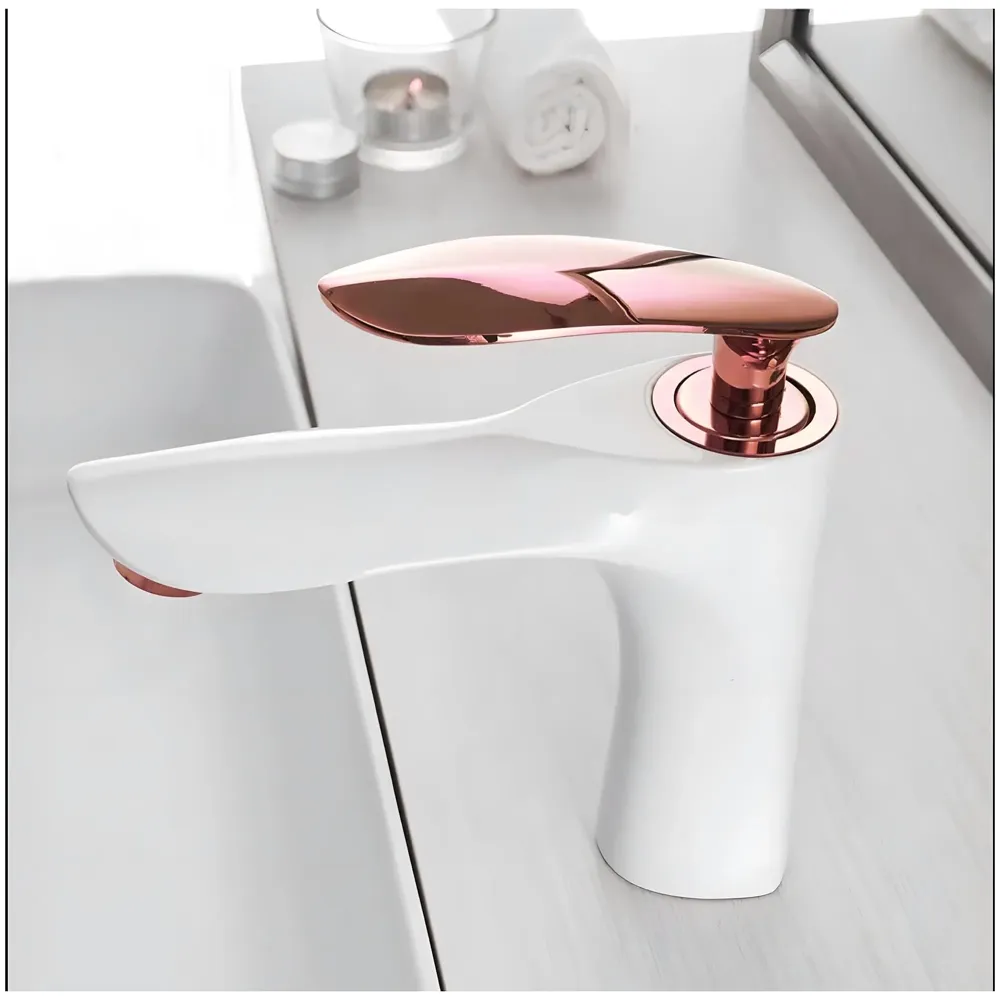 White Rose Gold Faucet Tap Mixer Hot and Cold Water Heavy Single Lever Basin Mixer 7 inches with Connector Pipes and Ceramic Cartridge for Bathroom Wash Basins