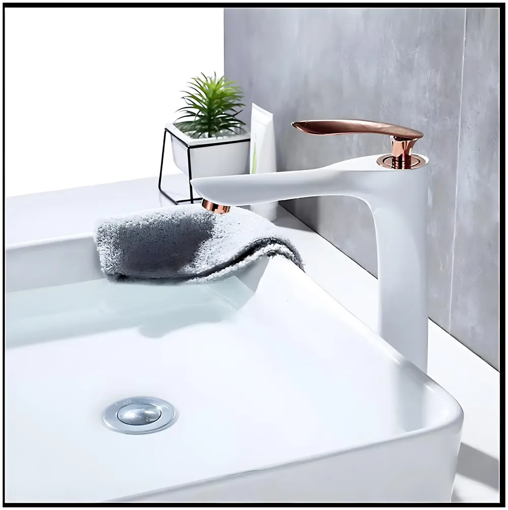 White Rose Gold Faucet Tap Mixer Hot and Cold Water Heavy Single Lever Basin Mixer 12 inches with Connector Pipes and Ceramic Cartridge for Bathroom Wash Basins