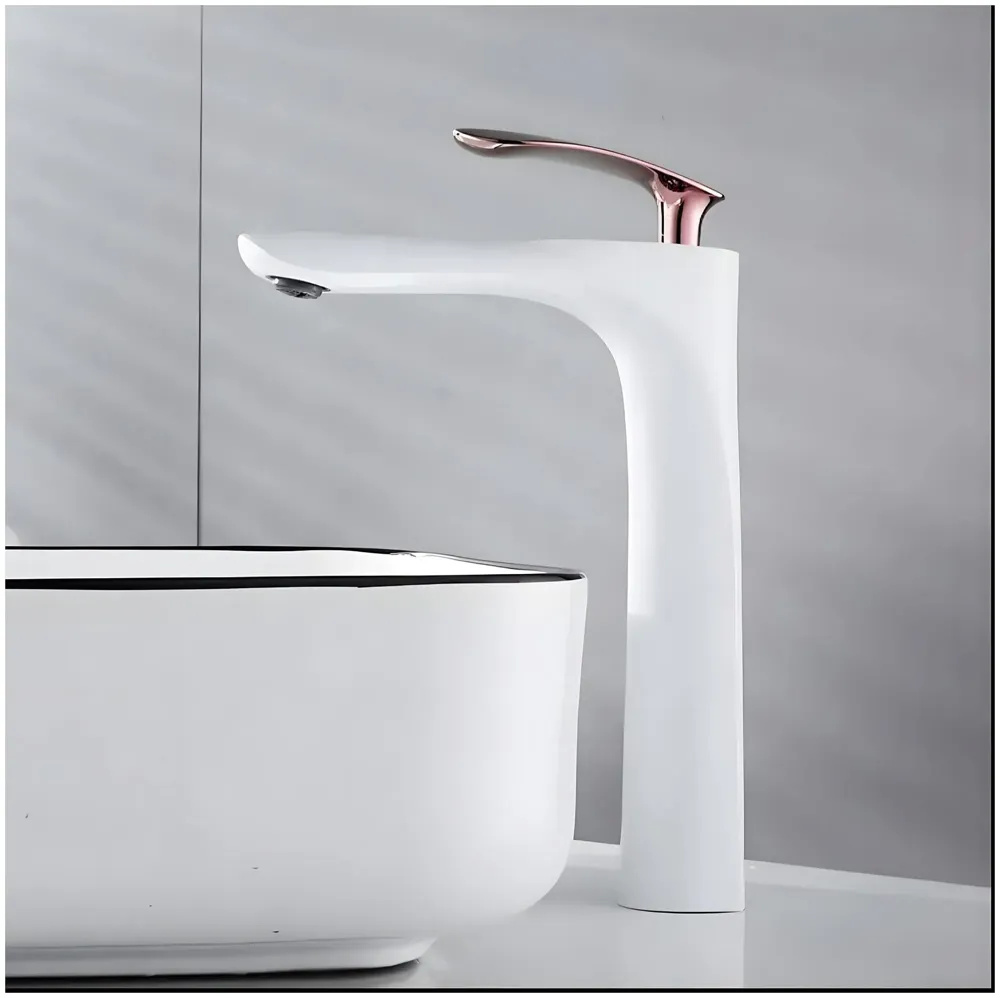 White Rose Gold Faucet Tap Mixer Hot and Cold Water Heavy Single Lever Basin Mixer 12 inches with Connector Pipes and Ceramic Cartridge for Bathroom Wash Basins