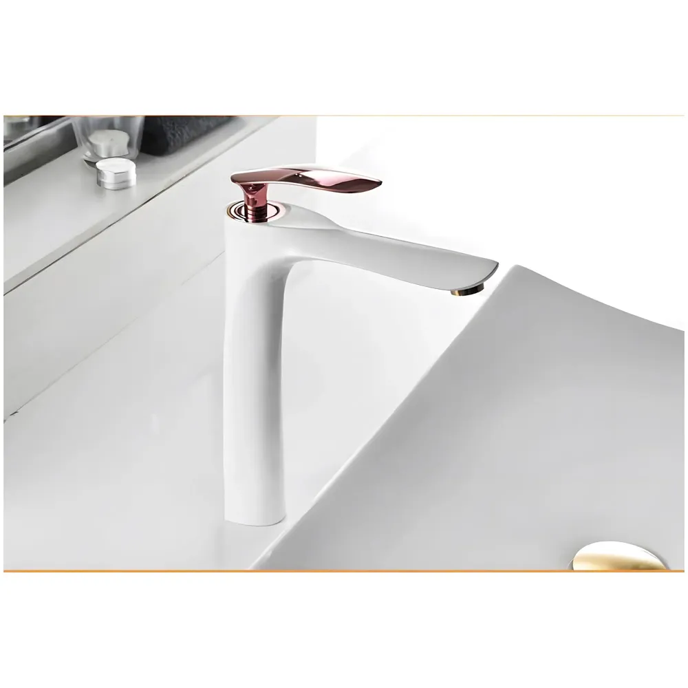 White Rose Gold Faucet Tap Mixer Hot and Cold Water Heavy Single Lever Basin Mixer 12 inches with Connector Pipes and Ceramic Cartridge for Bathroom Wash Basins