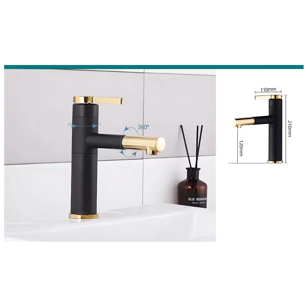 Black Gold Basin Tap Basin Mixer Faucet Tap Hot and Cold, Black Waterfall for Bathroom Wash Basin Sink Toilets 7 Inch Height