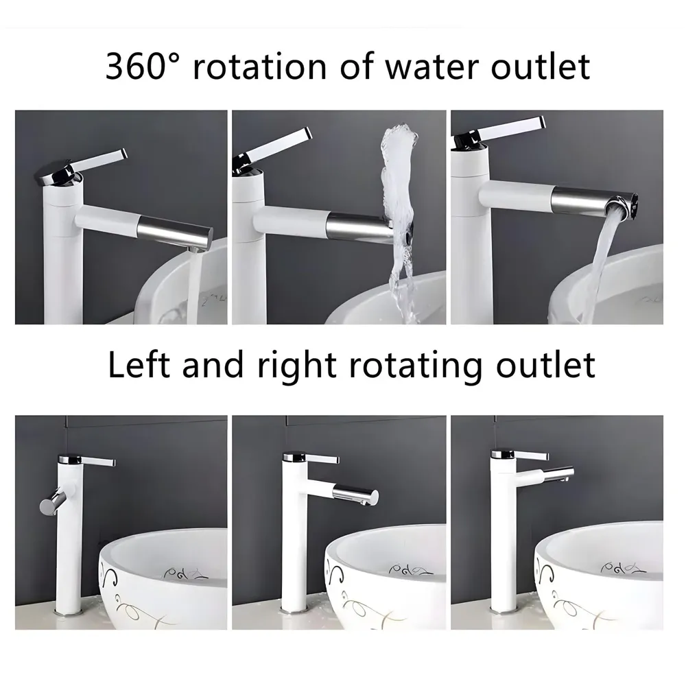 White Basin Tap Faucet Mixer for Bathroom Toilet Wash Basins Hot and Cold Water, 12 Inch Height Swivel Spout with 360 Rotation