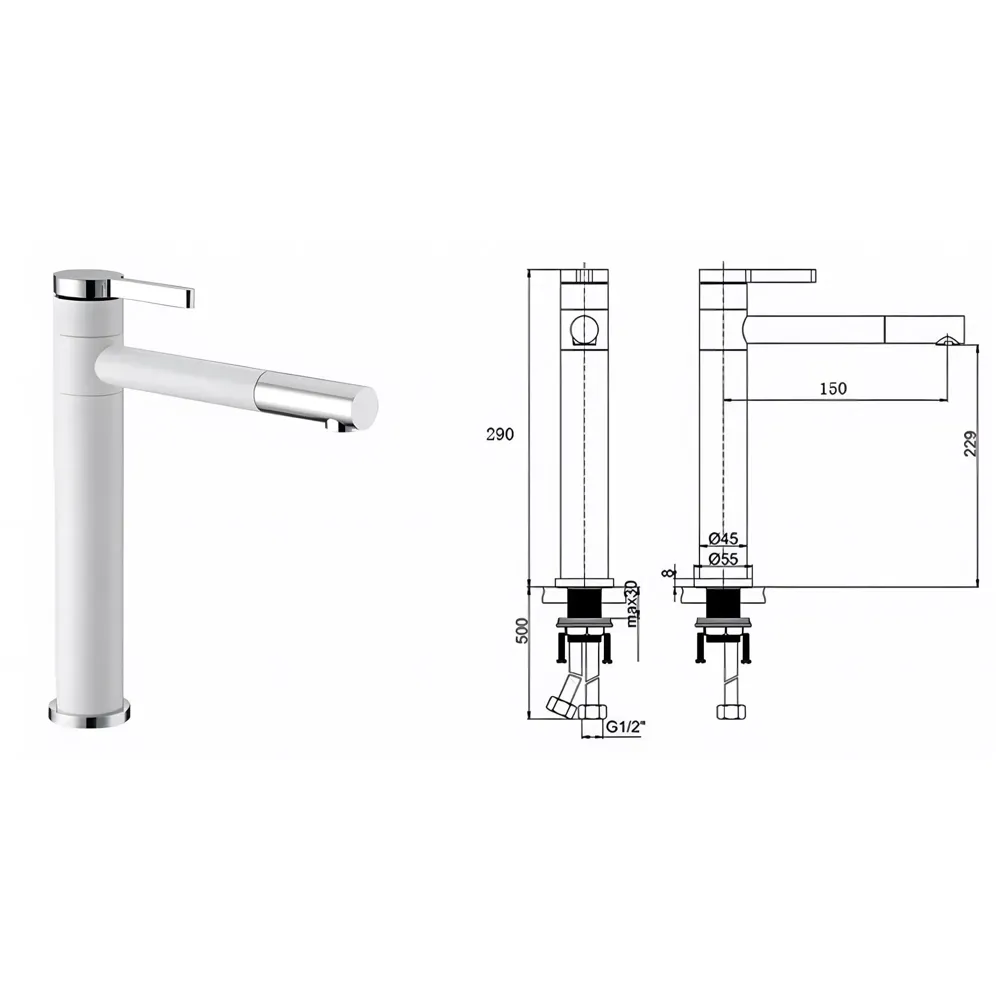 White Basin Tap Faucet Mixer for Bathroom Toilet Wash Basins Hot and Cold Water, 12 Inch Height Swivel Spout with 360 Rotation