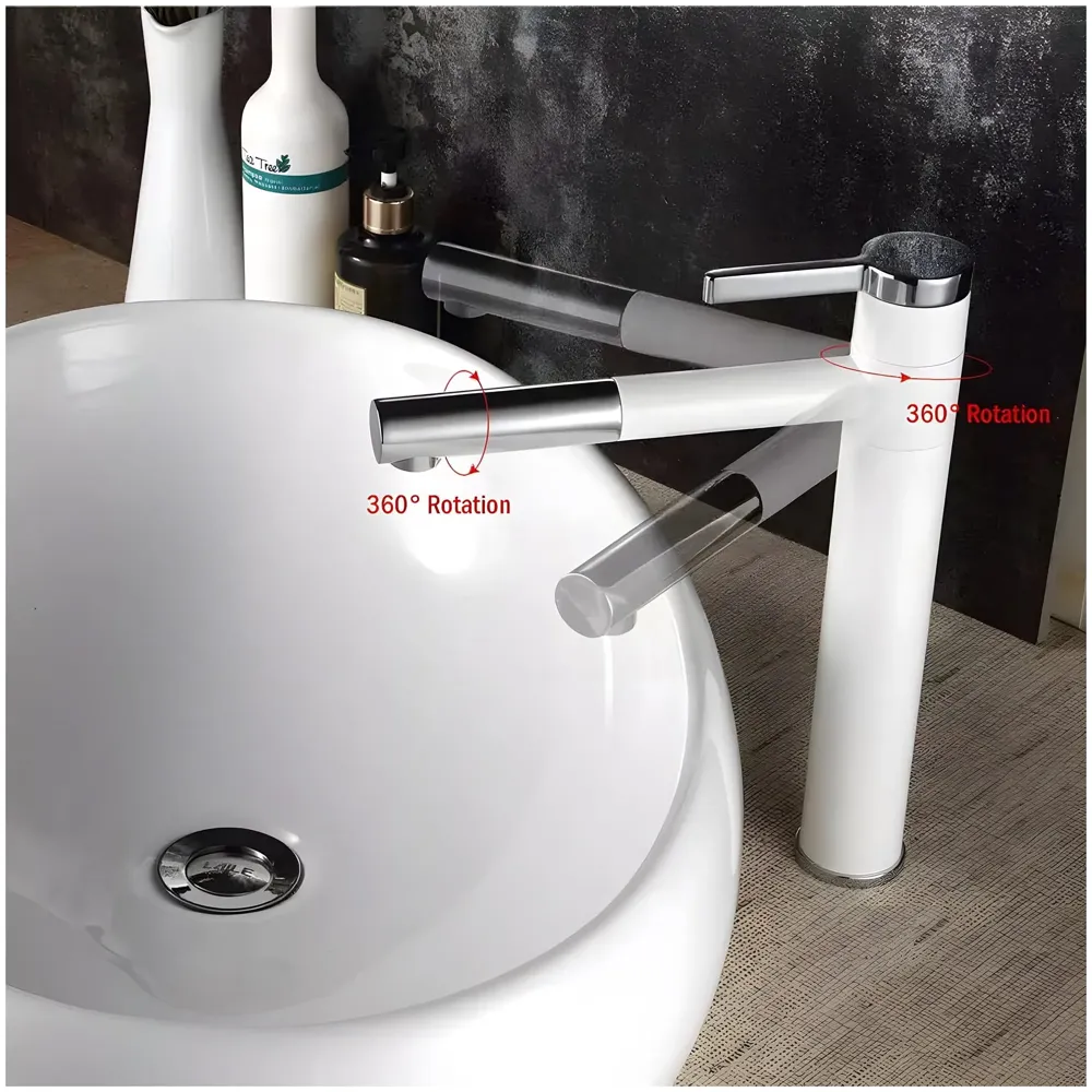 White Basin Tap Faucet Mixer for Bathroom Toilet Wash Basins Hot and Cold Water, 12 Inch Height Swivel Spout with 360 Rotation