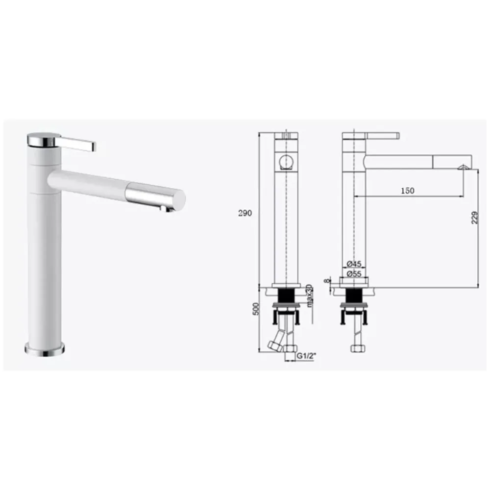 White Basin Tap Faucet Mixer for Bathroom Toilet Wash Basins Hot and Cold Water, 12 Inch Height Swivel Spout with 360 Rotation