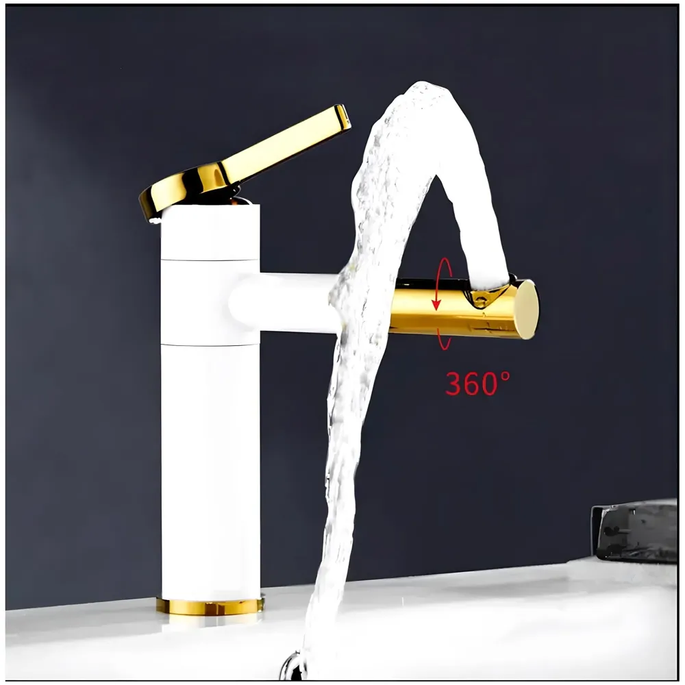 White Gold Basin Tap Basin Mixer Faucet Tap Hot and Cold, White Waterfall for Bathroom Wash Basin Sink Toilets 7 Inch Height