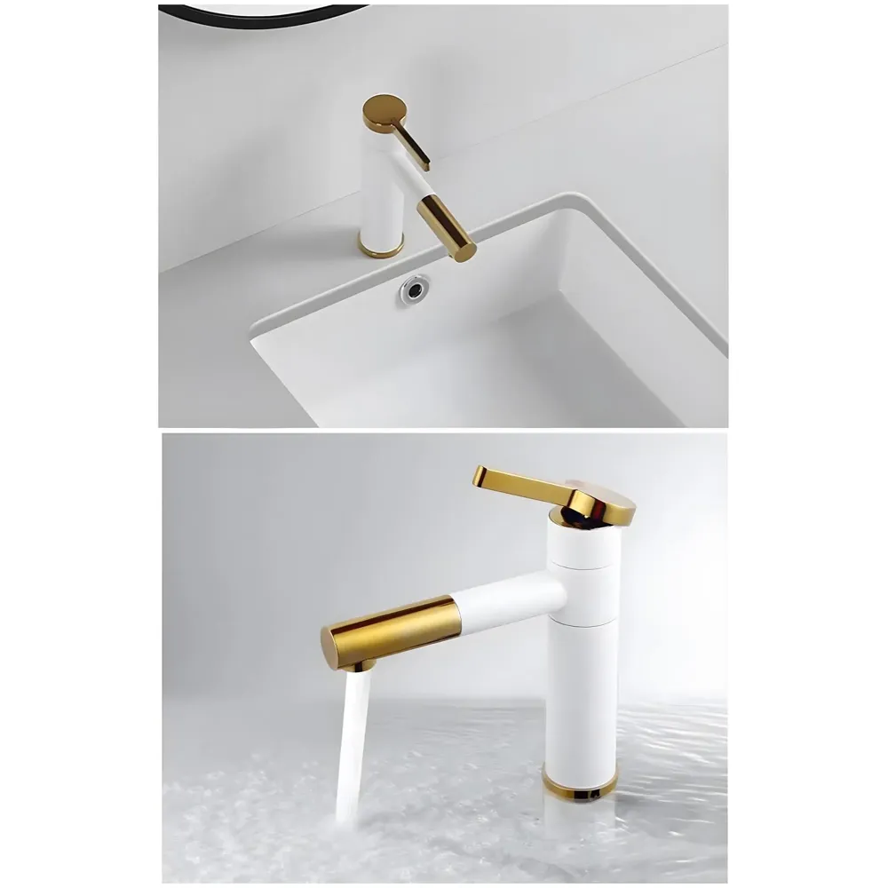 White Gold Basin Tap Basin Mixer Faucet Tap Hot and Cold, White Waterfall for Bathroom Wash Basin Sink Toilets 7 Inch Height