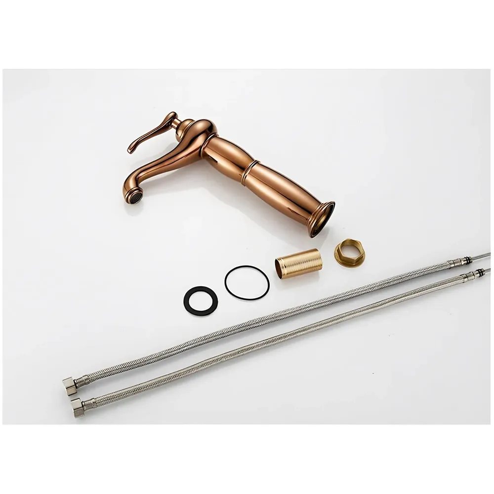 Brass Rose Gold Basin Faucet Tap Mixer for Bathroom Toilet Wash Basins Hot and Cold Water, Rose Gold Belle, 12 inch Height