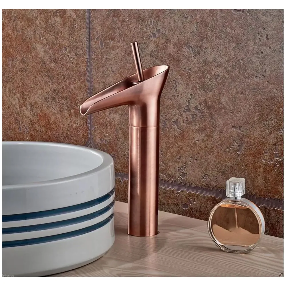 Rose Gold Brass Basin Mixer Faucet Tap, 12 Inch Height Rosette Waterfall for Bathroom Toilet Wash Basins Hot and Cold Water