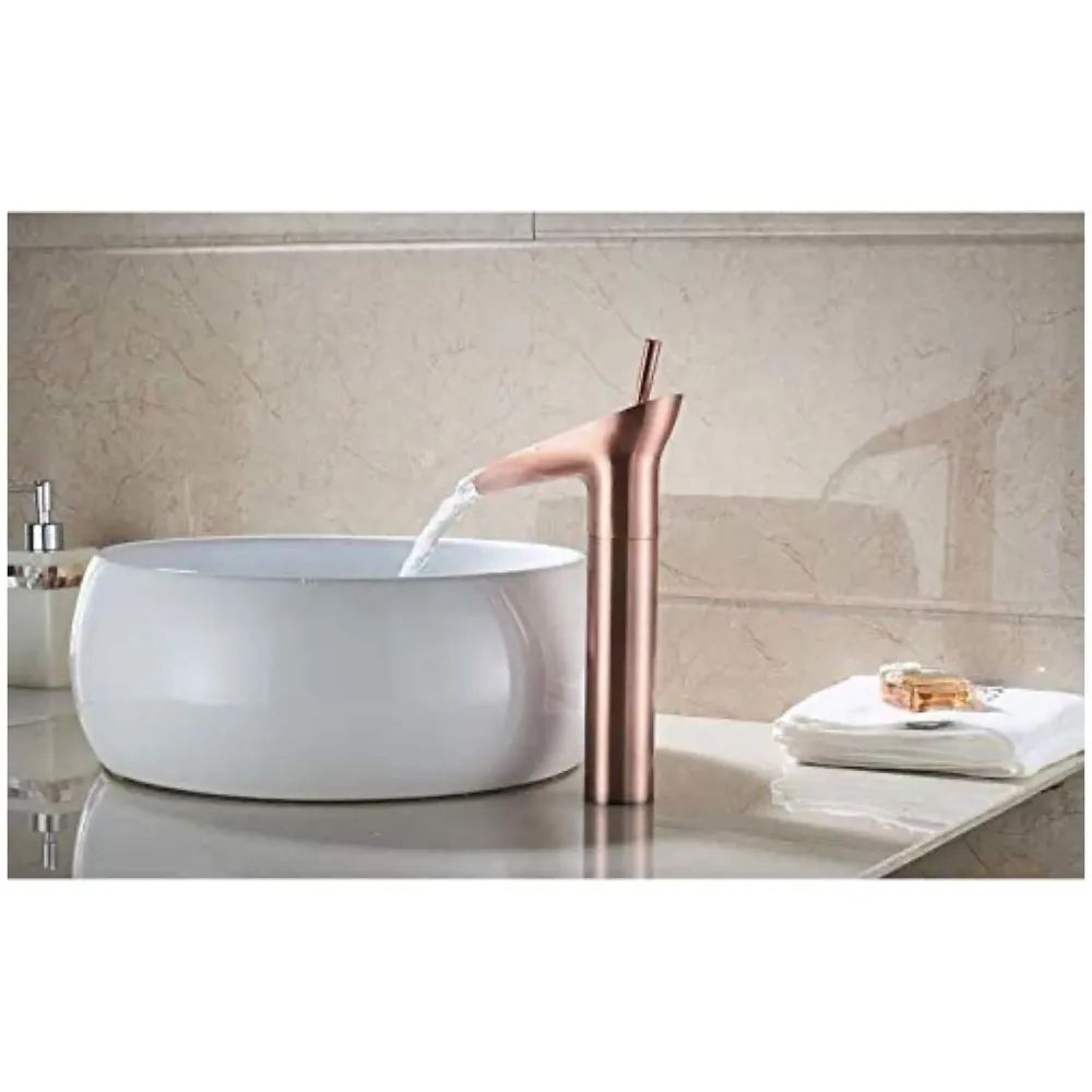 Rose Gold Brass Basin Mixer Faucet Tap, 12 Inch Height Rosette Waterfall for Bathroom Toilet Wash Basins Hot and Cold Water