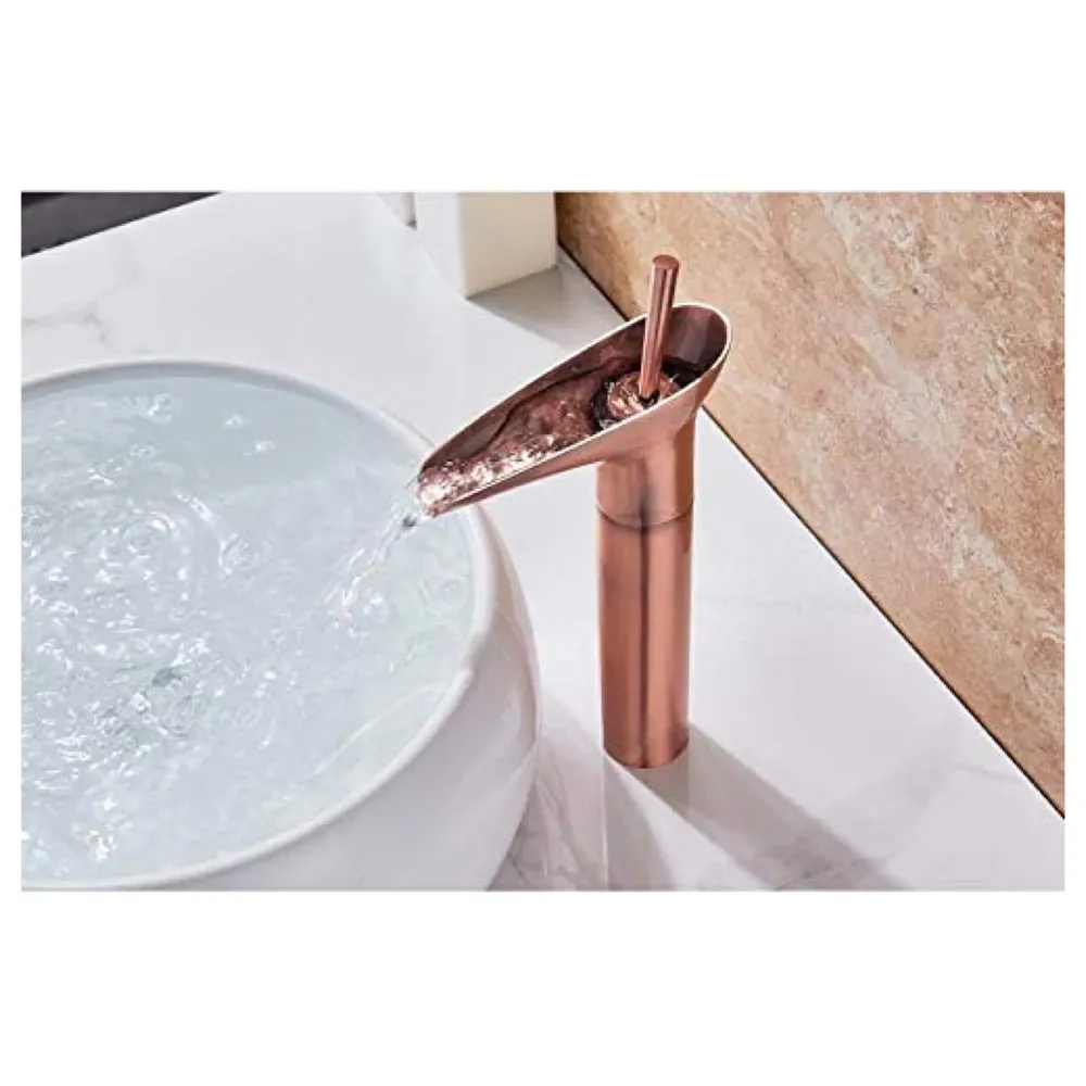 Rose Gold Brass Basin Mixer Faucet Tap, 12 Inch Height Rosette Waterfall for Bathroom Toilet Wash Basins Hot and Cold Water