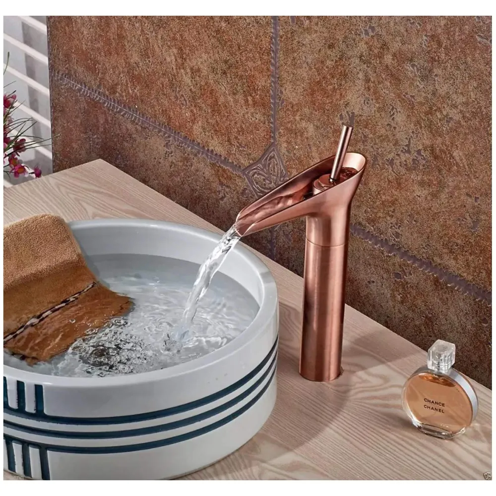 Rose Gold Waterfall Basin Faucet Tap Mixer for Bathroom Toilet Wash Basins Hot and Cold Water (Without pop-up) Rosette Waterfall 12 inches Height