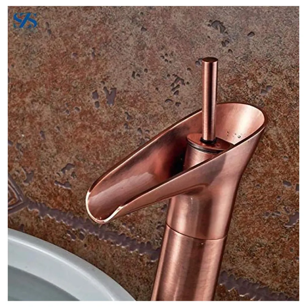 Rose Gold Waterfall Basin Faucet Tap Mixer for Bathroom Toilet Wash Basins Hot and Cold Water (Without pop-up) Rosette Waterfall 12 inches Height