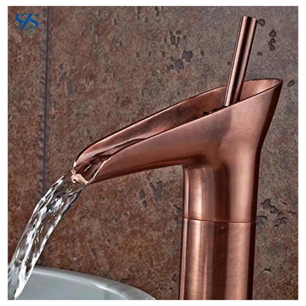 Rose Gold Brass Basin Mixer Faucet Tap, 12 Inch Height Rosette Waterfall for Bathroom Toilet Wash Basins Hot and Cold Water