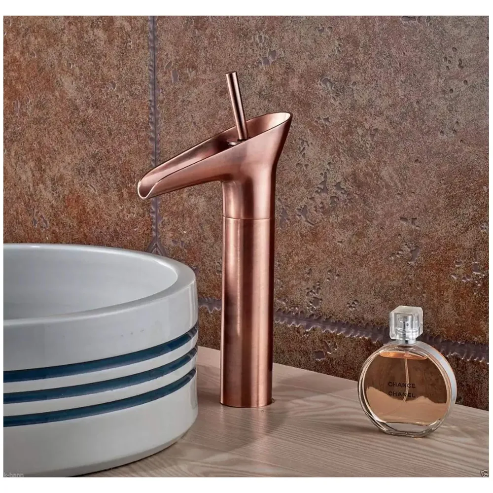 Rose Gold Brass Basin Mixer Faucet Tap, 12 Inch Height Rosette Waterfall for Bathroom Toilet Wash Basins Hot and Cold Water
