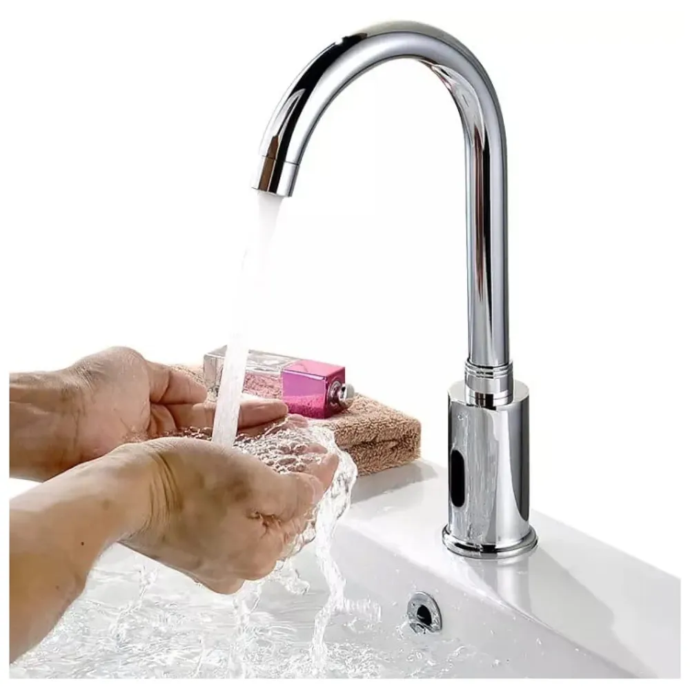 Tall Brass Swan Neck Sensor Tap Automatic For Bathroom/Touch less Hand Free Sensor Tap AC And Battery Operated For Washbasin With Foam Flow Water, Hot And Cold Mixer, 12 Inch Height.(AC/DC)