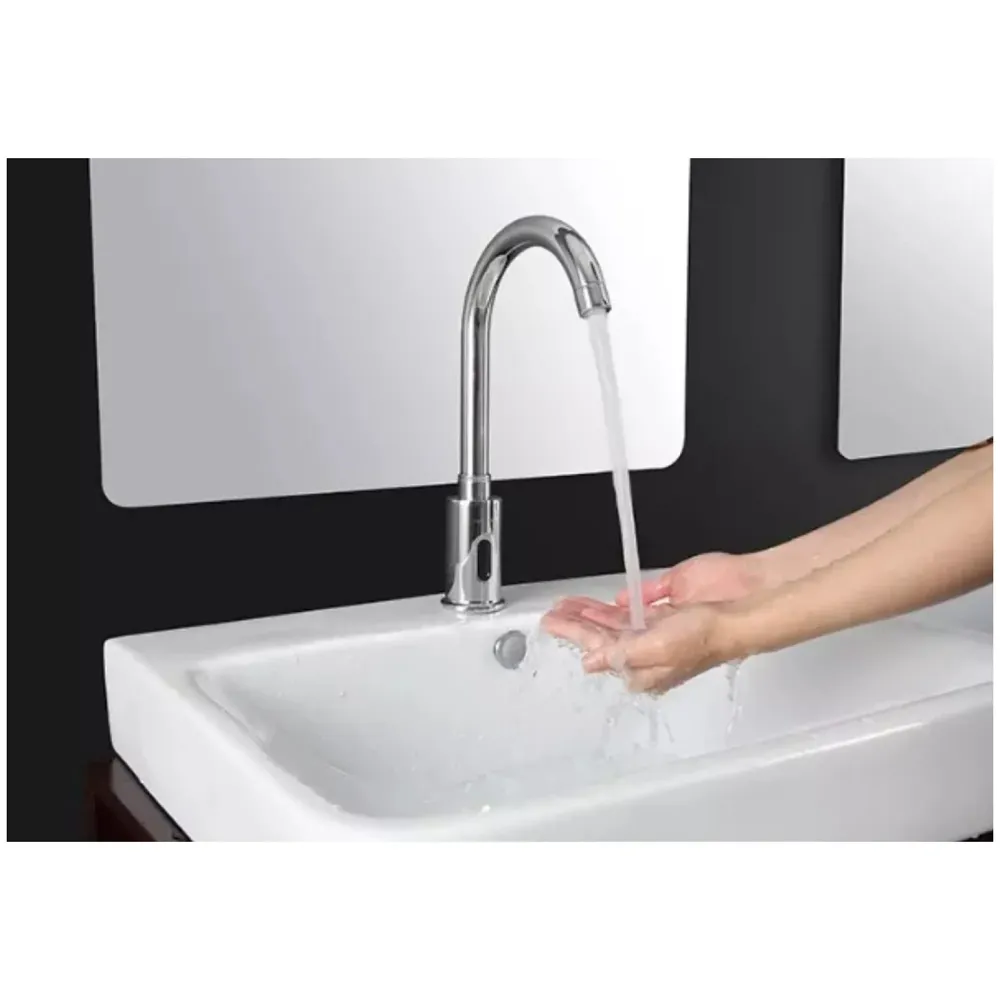 Tall Brass Swan Neck Sensor Tap Automatic For Bathroom/Touch less Hand Free Sensor Tap AC And Battery Operated For Washbasin With Foam Flow Water, Hot And Cold Mixer, 12 Inch Height.(AC/DC)