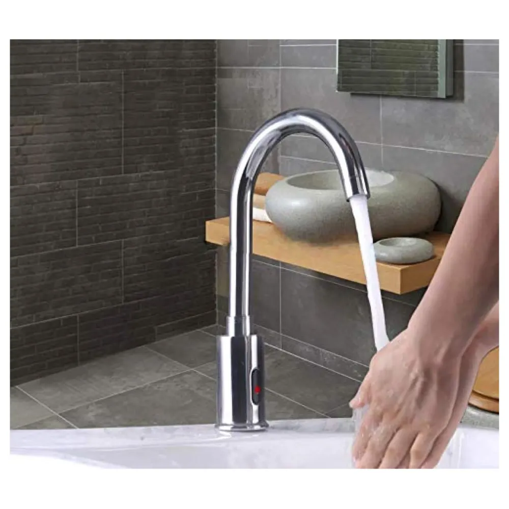 Tall Brass Swan Neck Sensor Tap Automatic For Bathroom/Touch less Hand Free Sensor Tap AC And Battery Operated For Washbasin With Foam Flow Water, Hot And Cold Mixer, 12 Inch Height.(AC/DC)