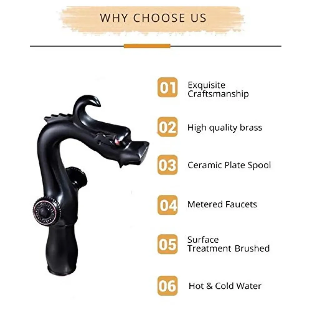 Shadow Dragon Brass Basin Mixer With 2 Braided Connection Pipes, Black - 2