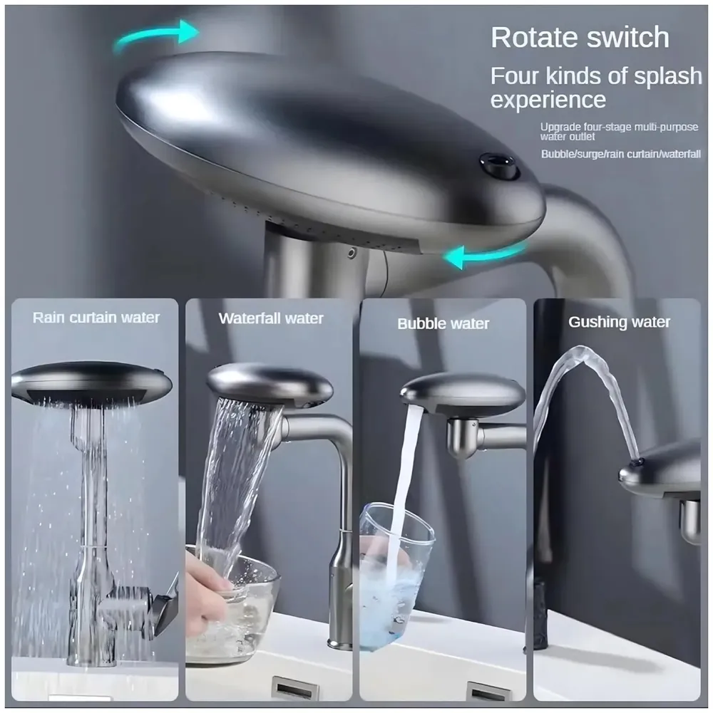 4 in 1 Black Faucet Tap Mixer Hot and Cold Water Twist to Chnage Water Flow for Bathroom Wash Basins Swivel 360, Black - 10.4 inch x 6.9 inch - 2