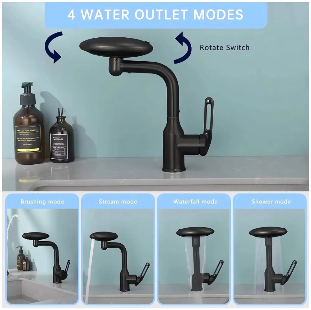 4 in 1 Black Faucet Tap Mixer Hot and Cold Water Twist to Chnage Water Flow for Bathroom Wash Basins Swivel 360, Black - 10.4 inch x 6.9 inch - 3
