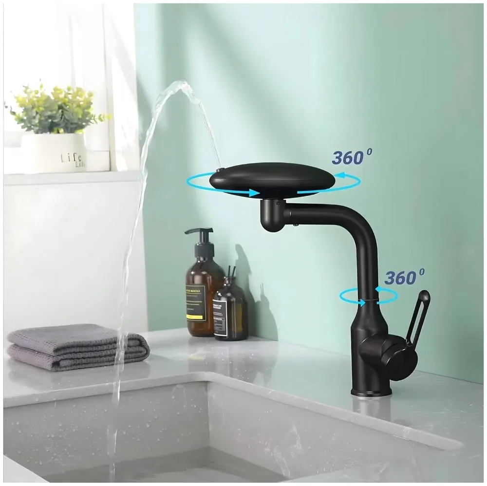 4 in 1 Black Faucet Tap Mixer Hot and Cold Water Twist to Chnage Water Flow for Bathroom Wash Basins Swivel 360, Black - 10.4 inch x 6.9 inch - 6