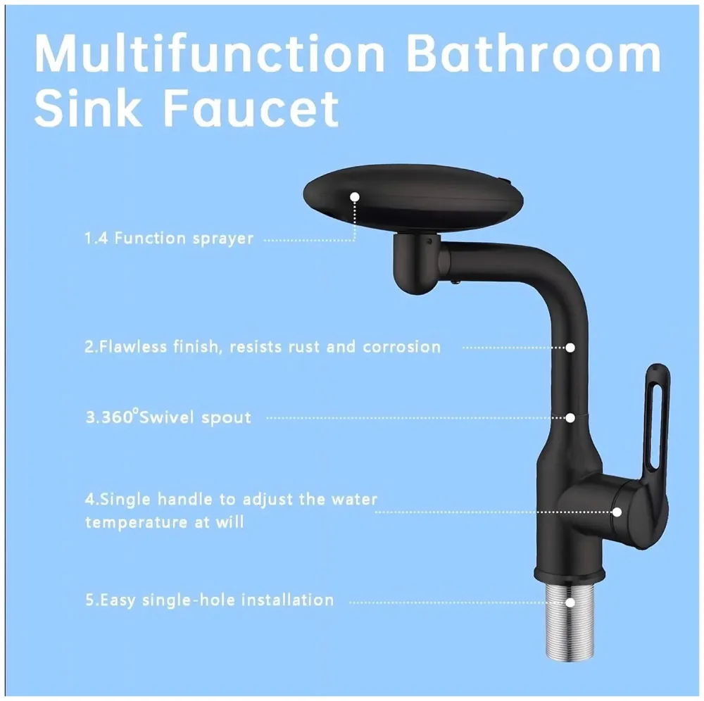 4 in 1 Black Faucet Tap Mixer Hot and Cold Water Twist to Chnage Water Flow for Bathroom Wash Basins Swivel 360, Black - 10.4 inch x 6.9 inch - 8
