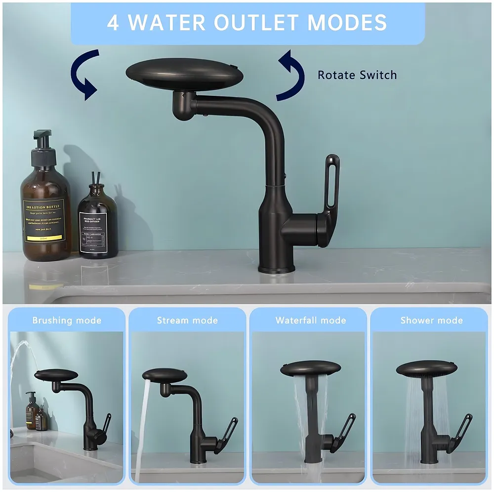 4 in 1 Black Faucet Tap Mixer Hot and Cold Water Twist to Chnage Water Flow for Bathroom Wash Basins Swivel 360, Black - 10.4 inch x 6.9 inch