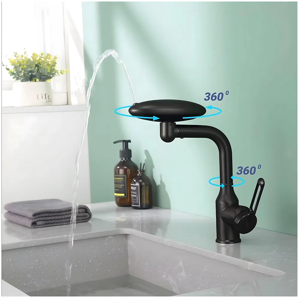 4 in 1 Black Faucet Tap Mixer Hot and Cold Water Twist to Chnage Water Flow for Bathroom Wash Basins Swivel 360, Black - 10.4 inch x 6.9 inch