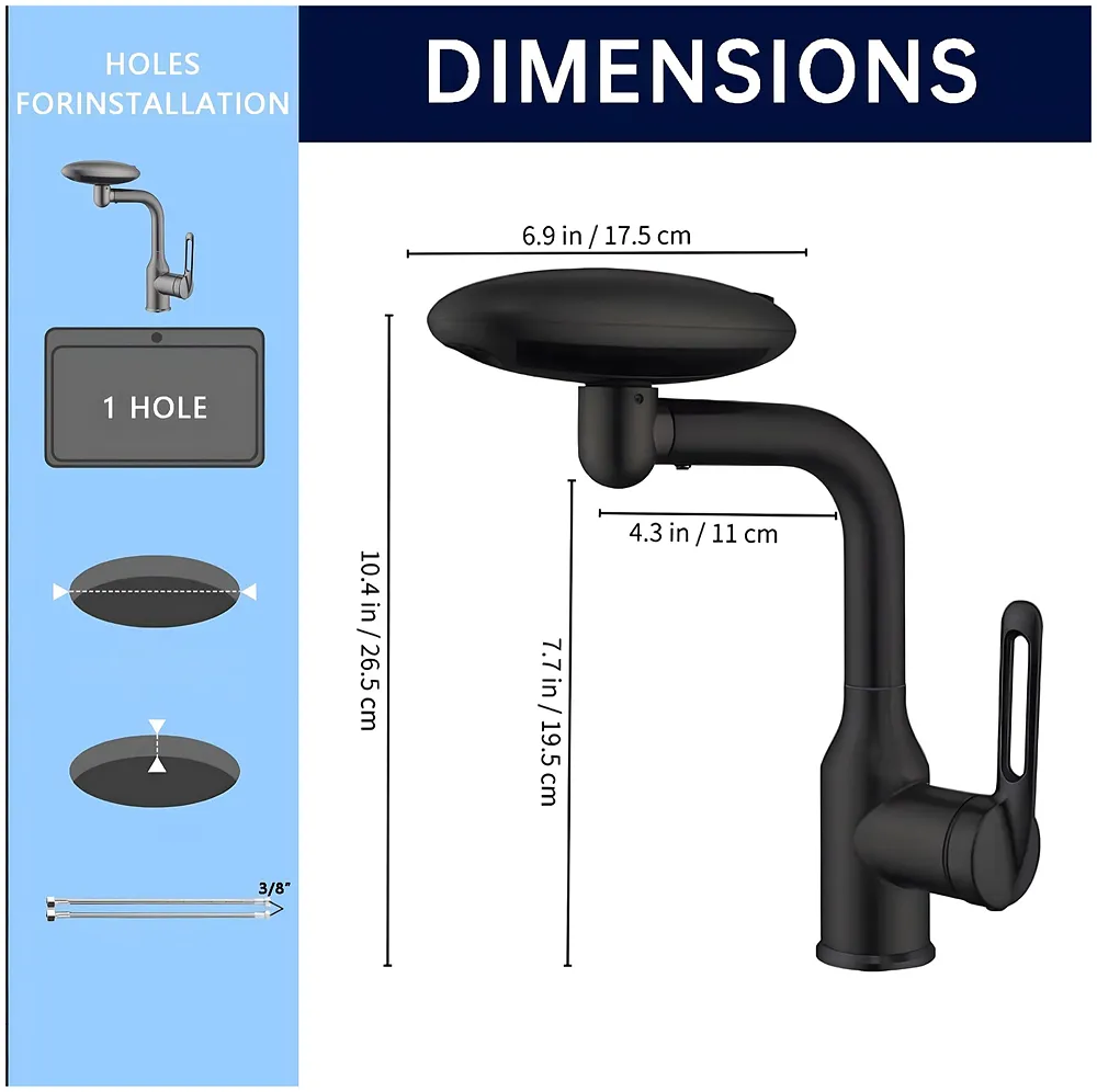 4 in 1 Black Faucet Tap Mixer Hot and Cold Water Twist to Chnage Water Flow for Bathroom Wash Basins Swivel 360, Black - 10.4 inch x 6.9 inch