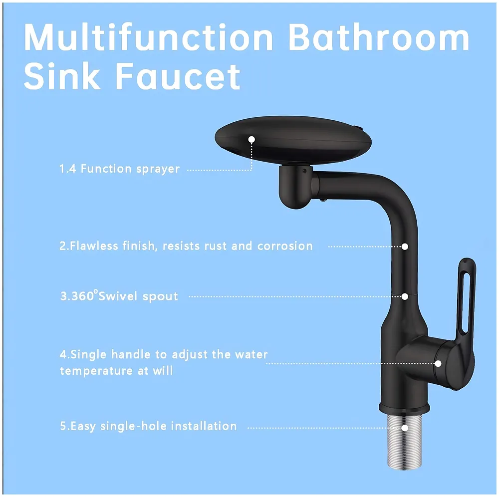 4 in 1 Black Faucet Tap Mixer Hot and Cold Water Twist to Chnage Water Flow for Bathroom Wash Basins Swivel 360, Black - 10.4 inch x 6.9 inch