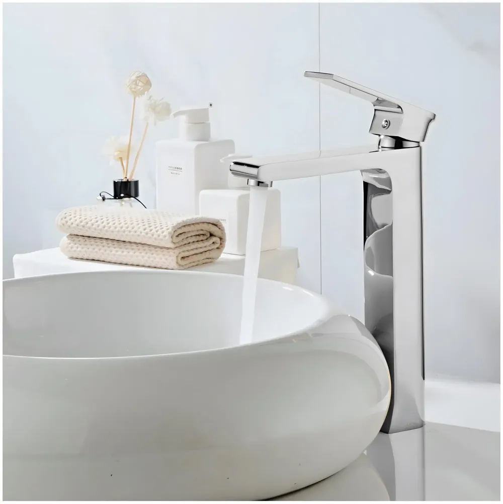 Silver Basin Tap Faucet Mixer Chrome Square for Bathroom Toilet Wash Basins Hot and Cold Water, 12 Inches Height - 2