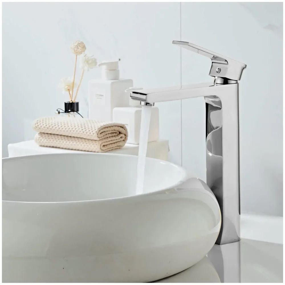 Silver Basin Tap Faucet Mixer Chrome Square for Bathroom Toilet Wash Basins Hot and Cold Water, 12 Inches Height