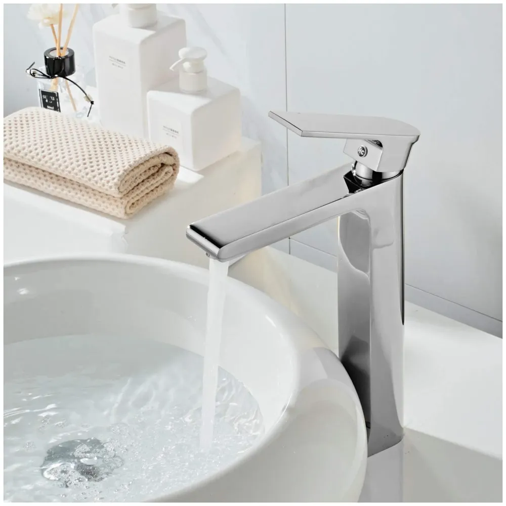 Silver Basin Tap Faucet Mixer Chrome Square for Bathroom Toilet Wash Basins Hot and Cold Water, 12 Inches Height