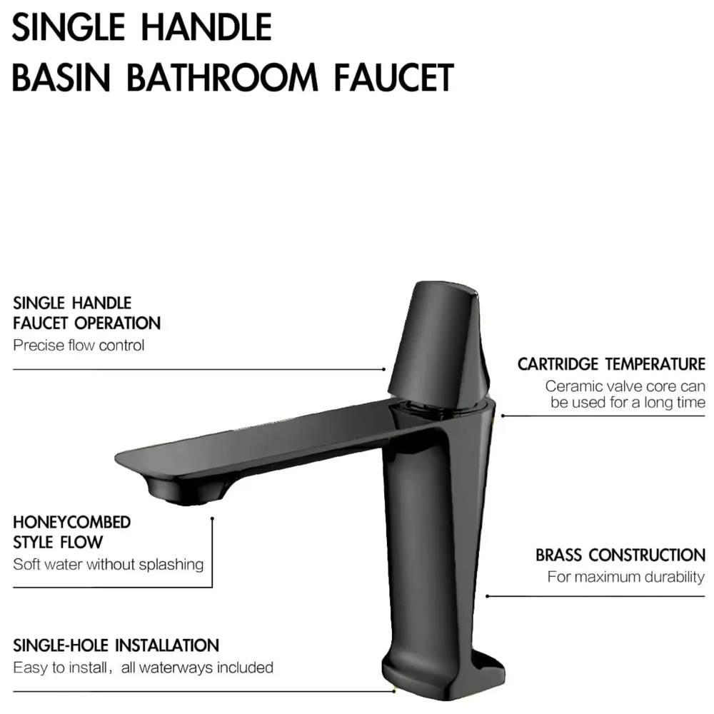 Black Faucet Tap Mixer Hot and Cold Water Heavy Single Lever Basin Mixer with Ceramic Cartridge for Bathroom Wash Basins - 17.4 Cm x 18.3 Cm Matt Black