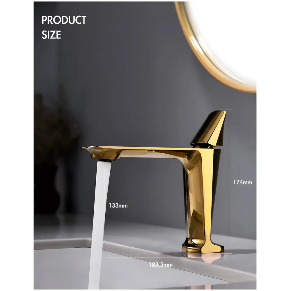 Gold Faucet Tap Mixer Hot and Cold Water Heavy Single Lever Basin Mixer with Ceramic Cartridge for Bathroom Wash Basins - 17.4 Cm x 18.3 Cm Golden