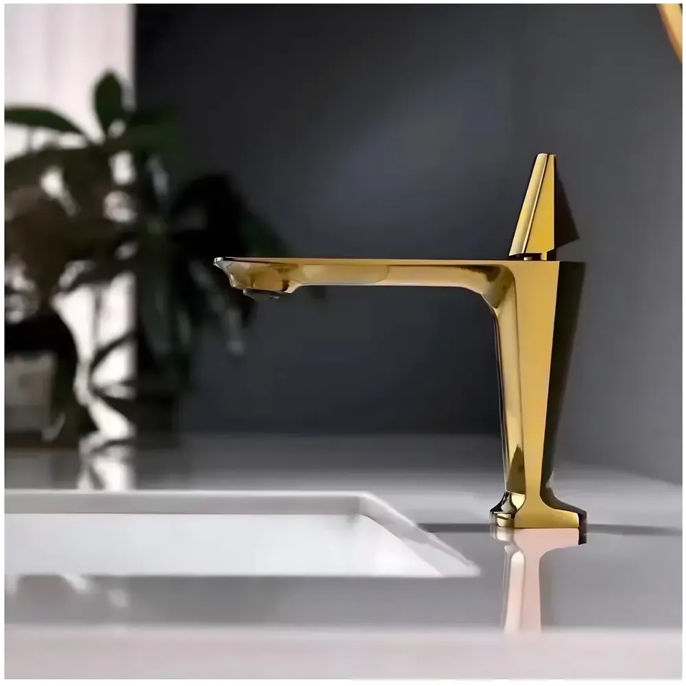 Gold Faucet Tap Mixer Hot and Cold Water Heavy Single Lever Basin Mixer with Ceramic Cartridge for Bathroom Wash Basins - 17.4 Cm x 18.3 Cm Golden