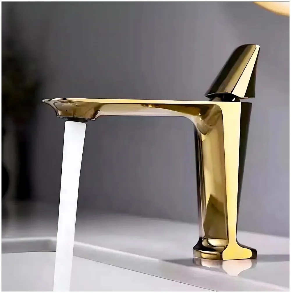 Gold Faucet Tap Mixer Hot and Cold Water Heavy Single Lever Basin Mixer with Ceramic Cartridge for Bathroom Wash Basins - 17.4 Cm x 18.3 Cm Golden - Premium